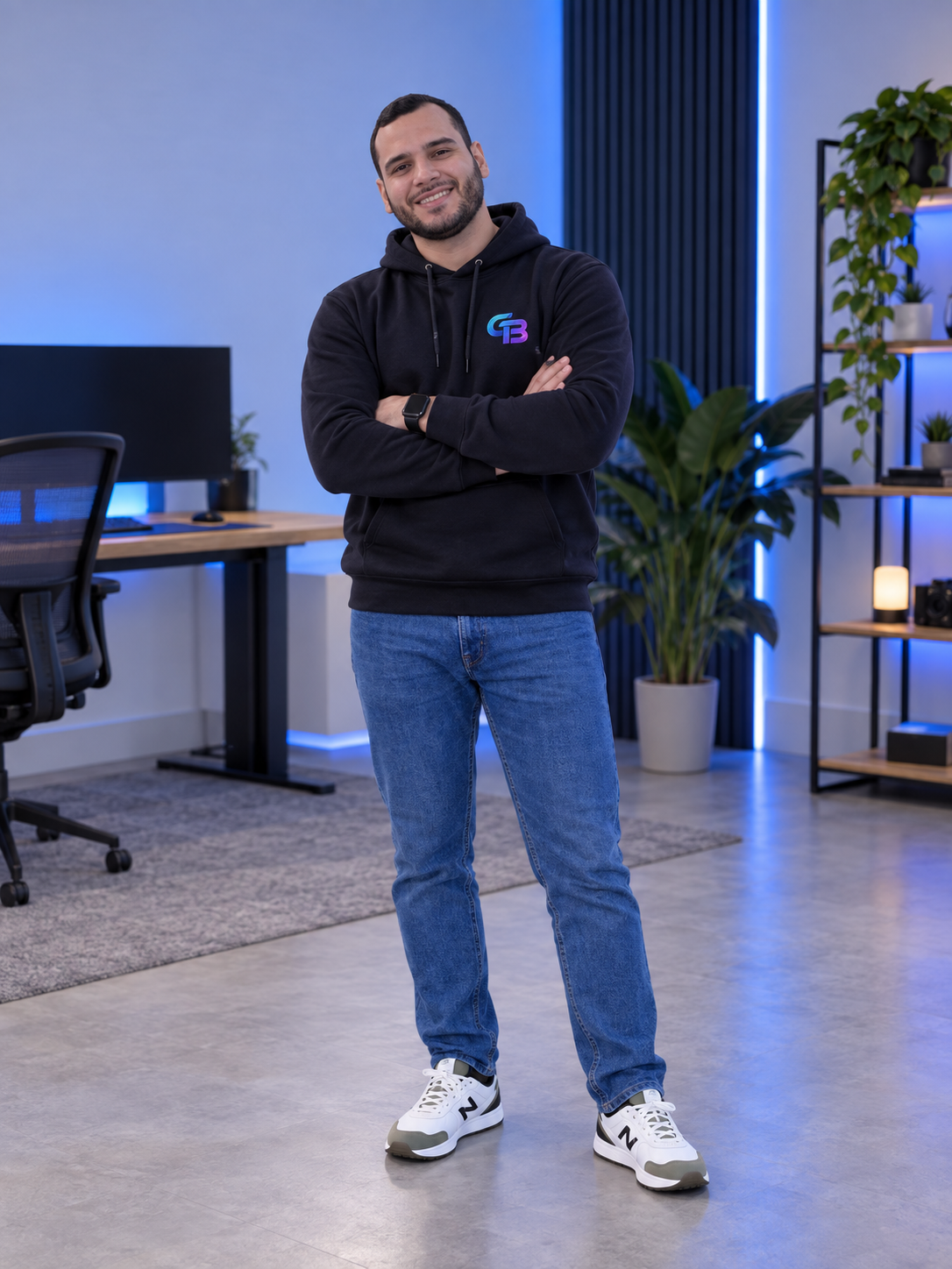 Germán de cuerpo entero con suéter GB AI Studio en un estudio tecnológico